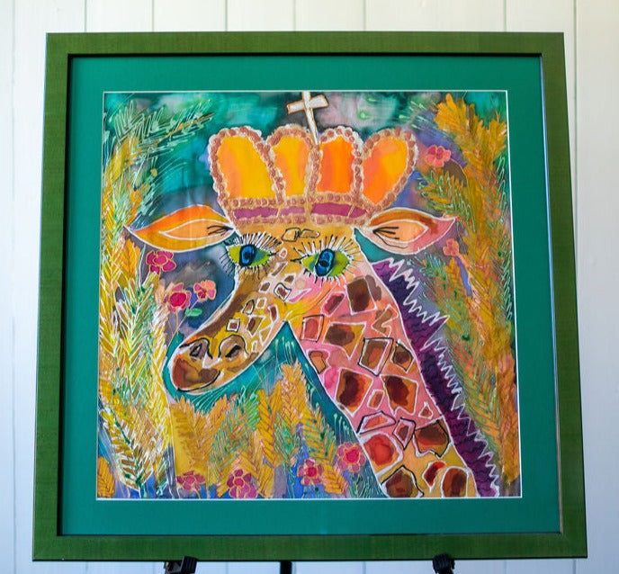AN ORIGINAL SILK PAINTING by CYDNEY - CROWNED ! GIRAFFE WITH A REGAL CROWN