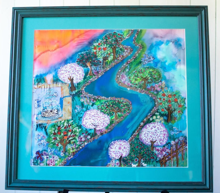 D-196   AN ORIGINAL SILK PAINTING by CYDNEY    EVERYWHERE THE RIVER FLOWS IT GIVES LIFE