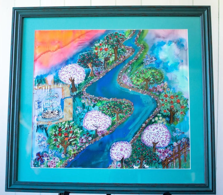 D-196   AN ORIGINAL SILK PAINTING by CYDNEY    EVERYWHERE THE RIVER FLOWS IT GIVES LIFE