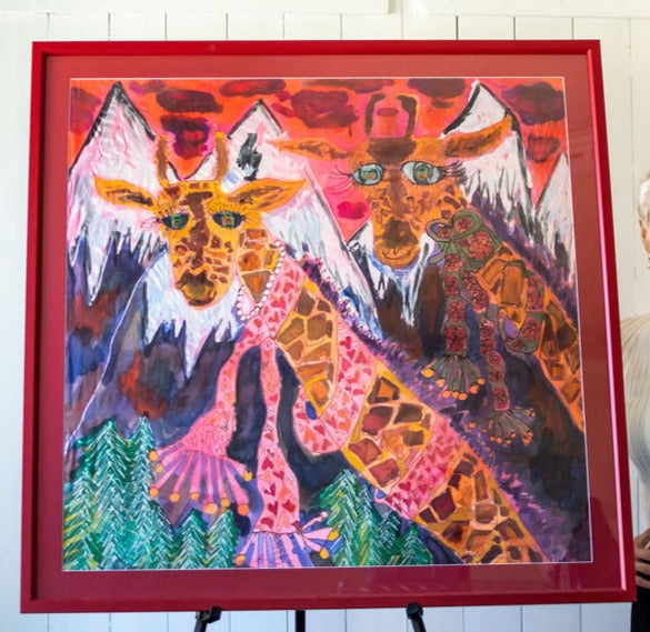 D-395  AN ORIGINAL SILK PAINTING by CYDNEY - GIRAFFES IN THE ROCKY MOUNTAINS - HEADS ARE LIFTED HIGH
