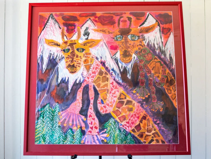 D-395  AN ORIGINAL SILK PAINTING by CYDNEY - GIRAFFES IN THE ROCKY MOUNTAINS - HEADS ARE LIFTED HIGH