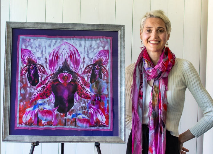 D-223 SILK PAINTING by CYDNEY - THE PINK LADYSLIPPER ORCHID - A TRUE FACHION WORSHIPPER