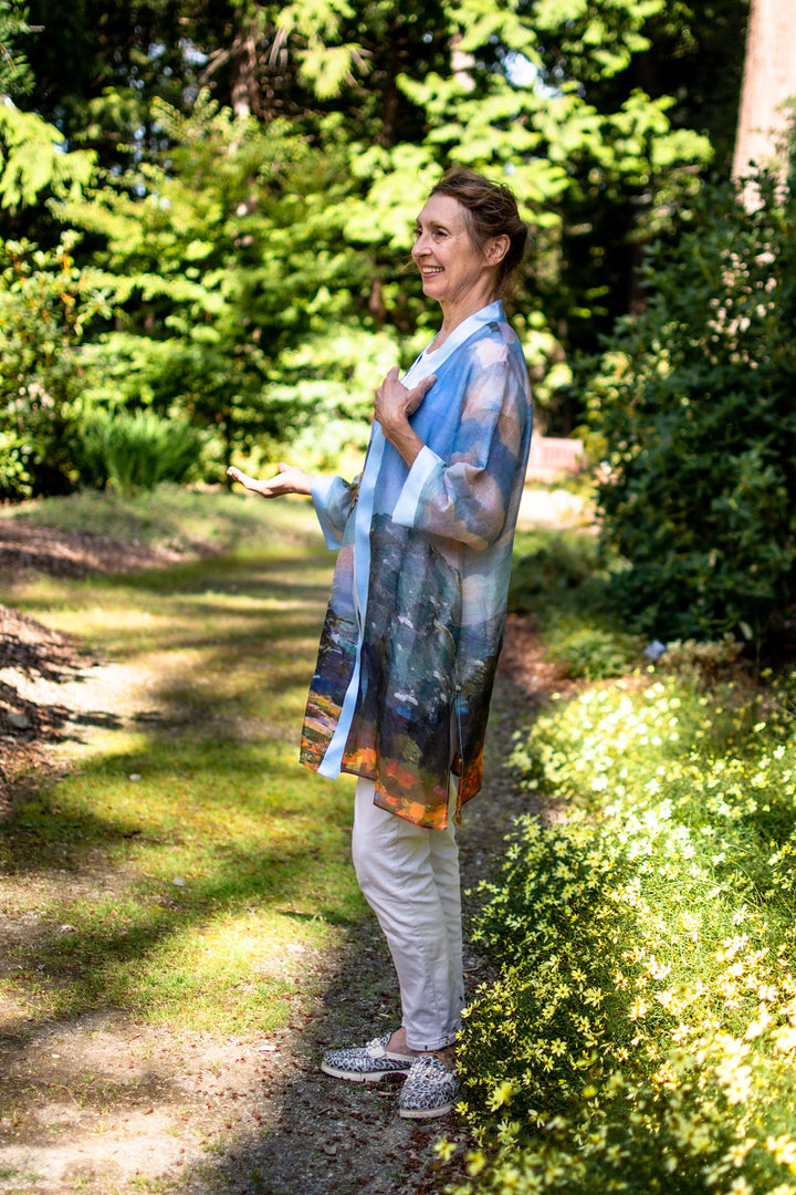 D-388K FIRE WATER ABUNDANCE SILK LINEN KIMONO