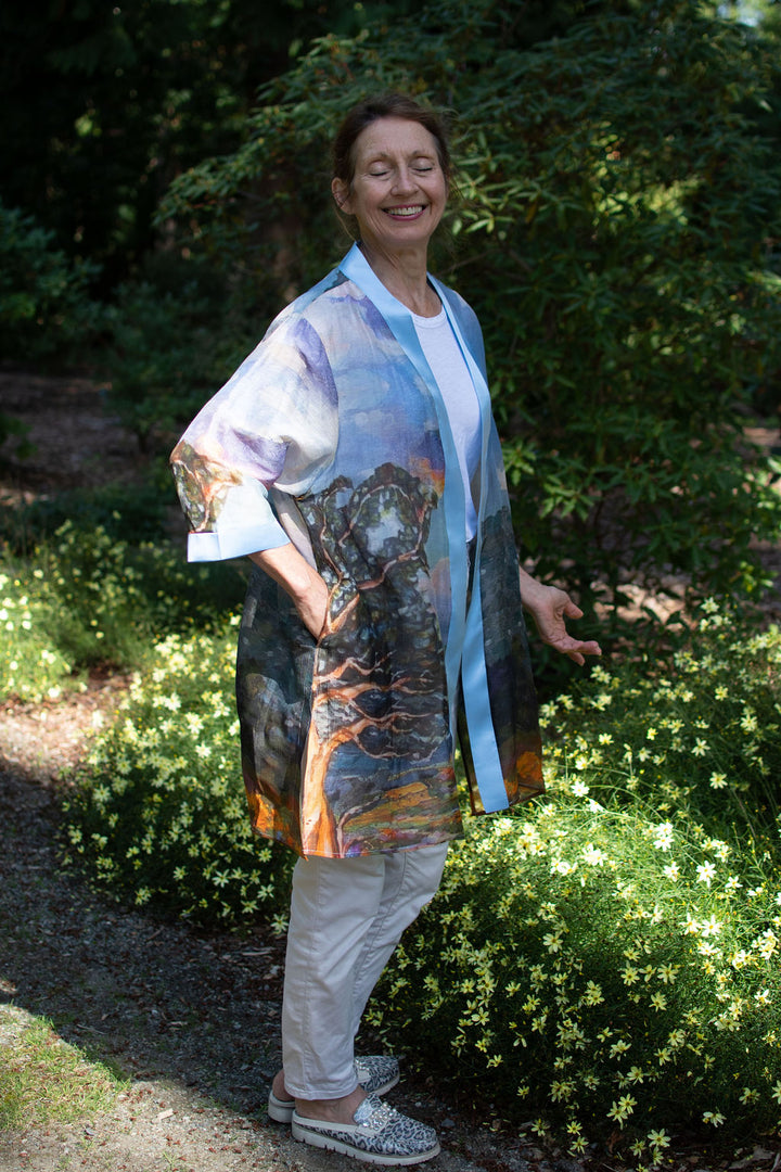 D-388K FIRE WATER ABUNDANCE SILK LINEN KIMONO