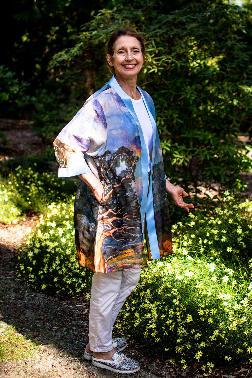 D-388K FIRE WATER ABUNDANCE SILK LINEN KIMONO