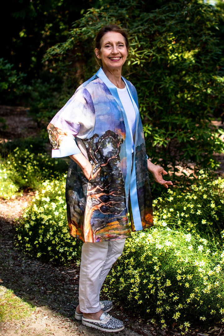 D-388K FIRE WATER ABUNDANCE SILK LINEN KIMONO