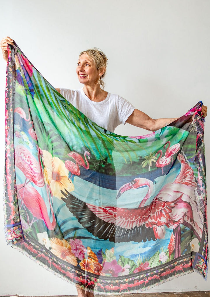 D-429 FLAMINGOS ON A SCARF?? MEET LOLA AND GIGI- THE FLAME OF FLAMINGO FAITH- PARTY LIKE A FLAMINGO