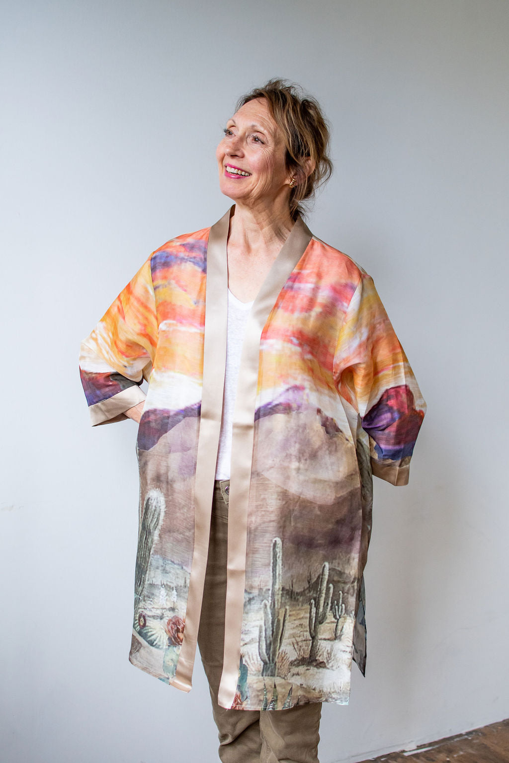 D-382K  STREAMS IN THE DESERT SILK LINEN KIMONO