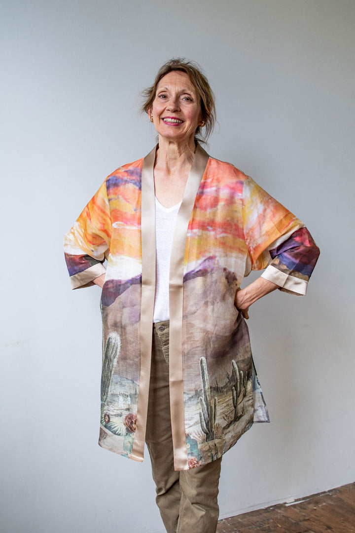 D-382K  STREAMS IN THE DESERT SILK LINEN KIMONO
