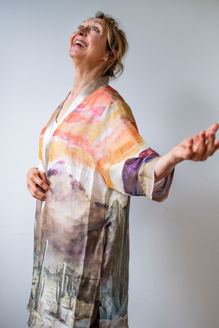 D-382K  STREAMS IN THE DESERT SILK LINEN KIMONO